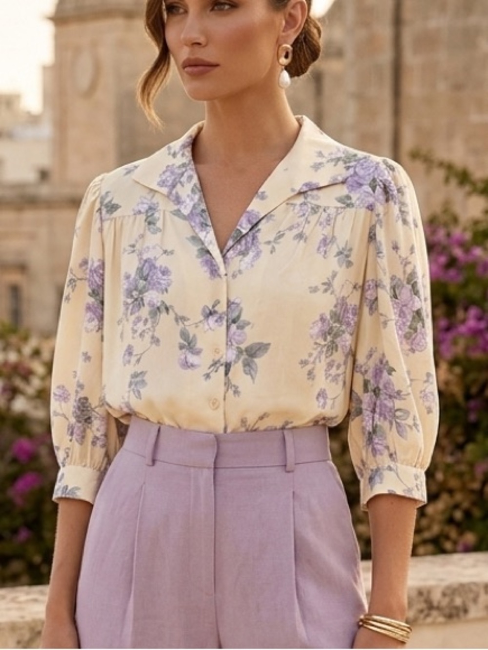 Simple Retro Floral Lyocell Blouse Yellow Purple Puff 3/4 Sleeve‎ 55198 Small